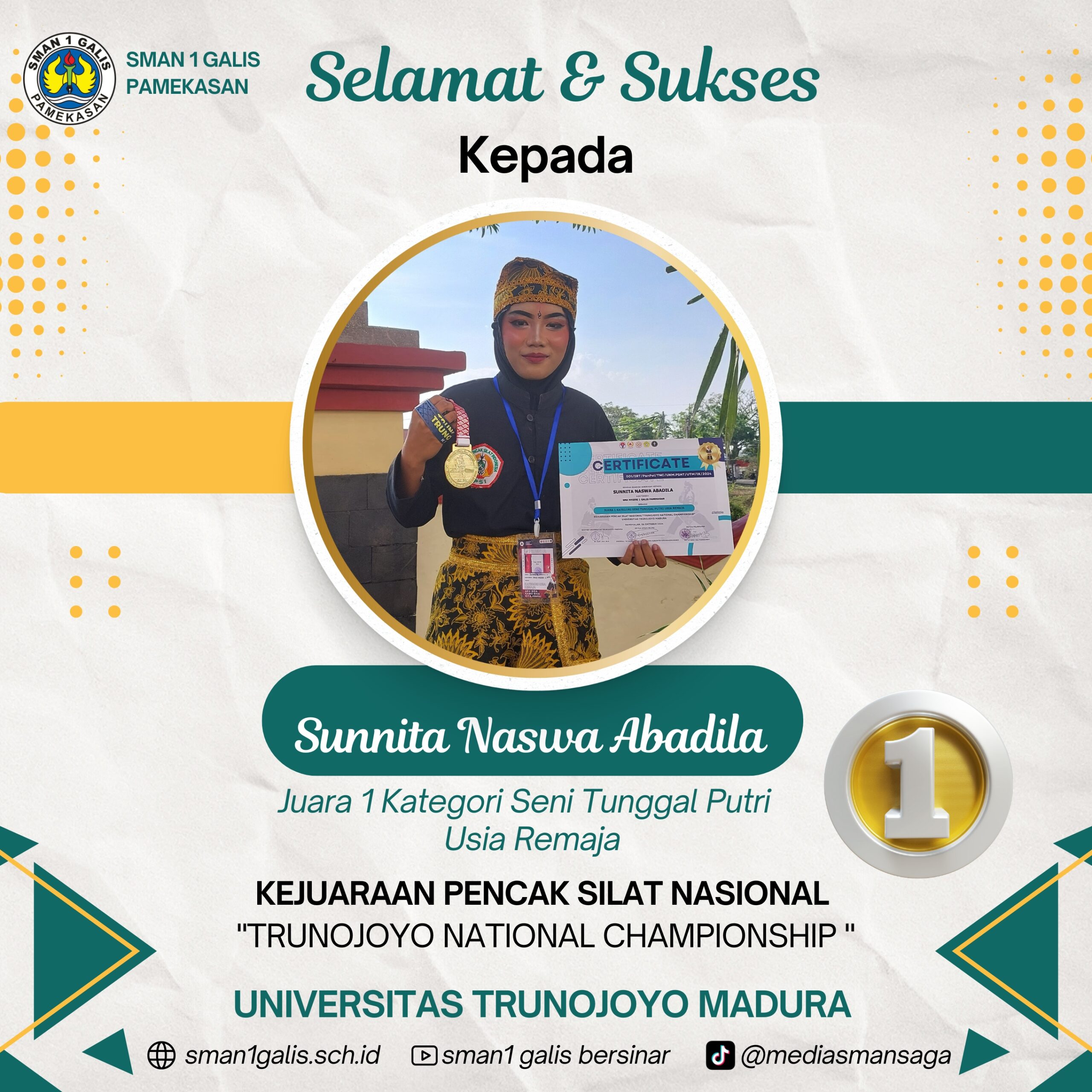Read more about the article Siswa SMAN 1 Galis Raih Juara 1 dalam Ajang Kejuaraan Pencak Silat Nasional “Trunojoyo National Championship”
